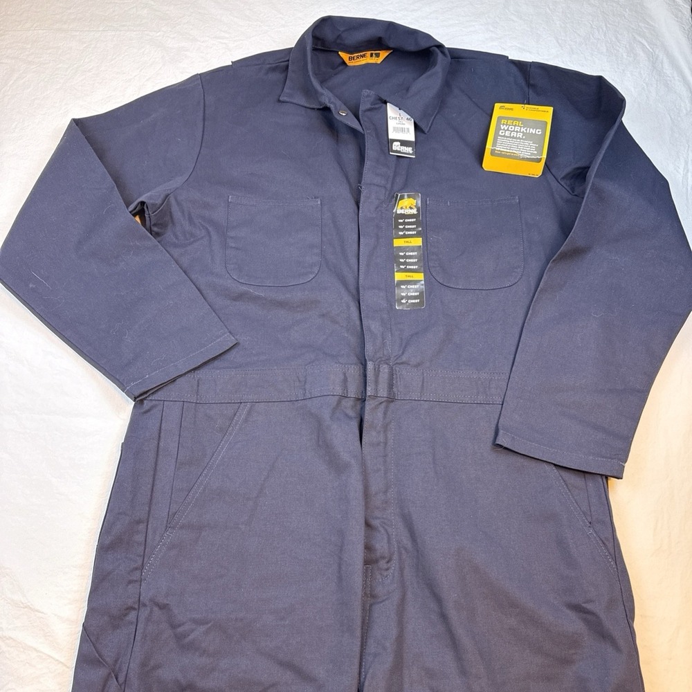 Berne Mens Coveralls Size L 46 Tall   Navy Blue Unlined Twill Long Sleeve C250NV